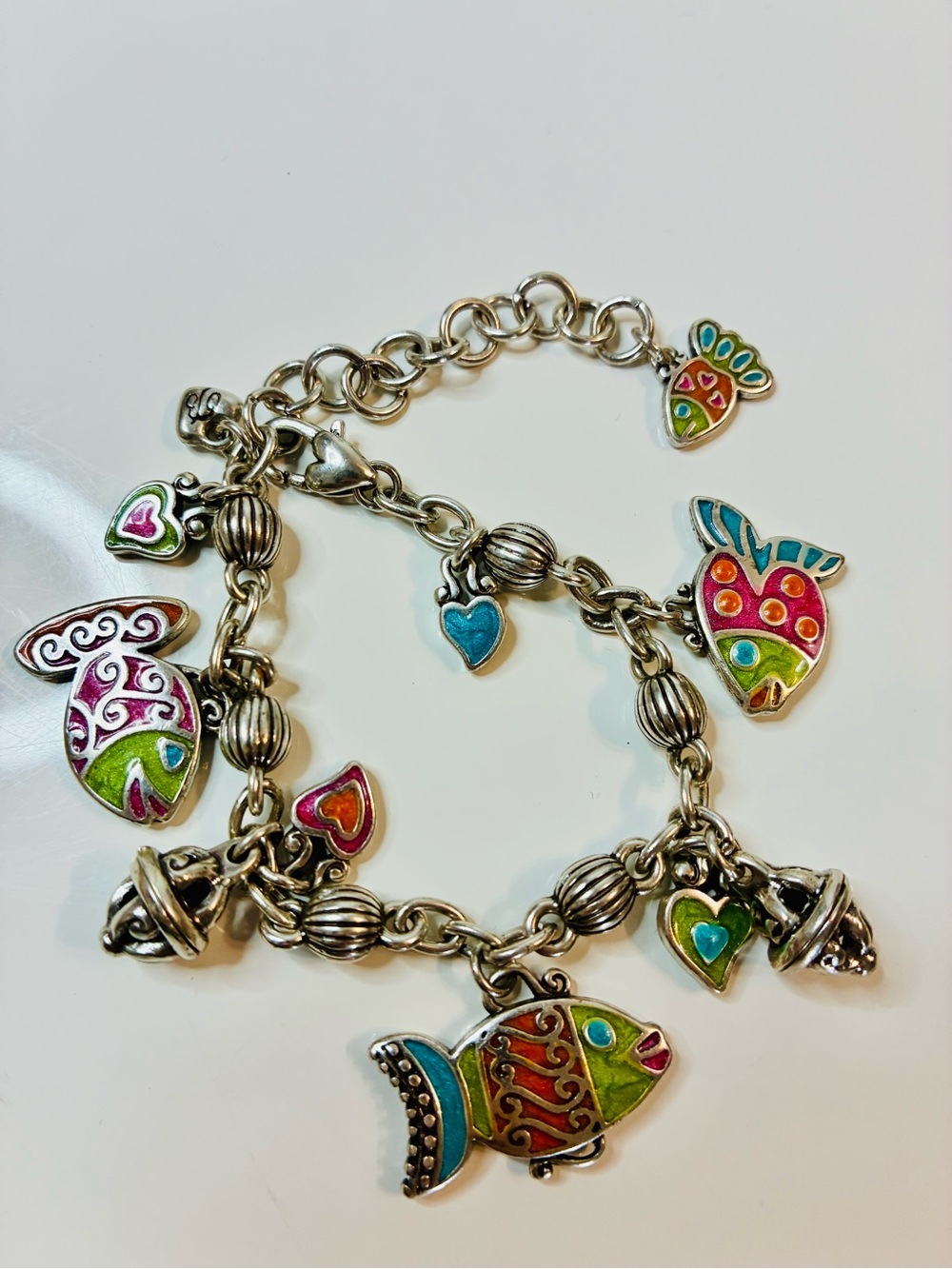 Brighton Multicolor Enamel Fish & Heart Charm Bracelet Chunky Y2K Maximalist EUC